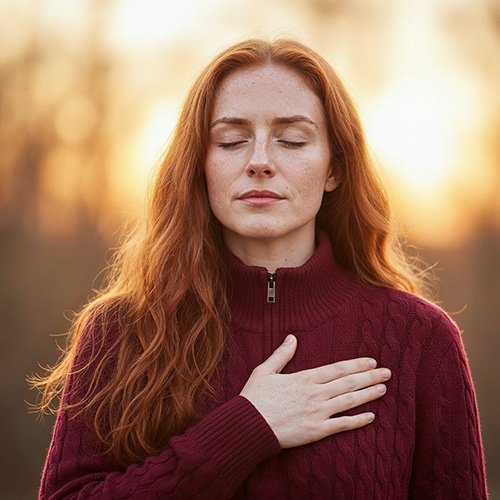Frau atmet tief ein und hat die Augen geschlossen
